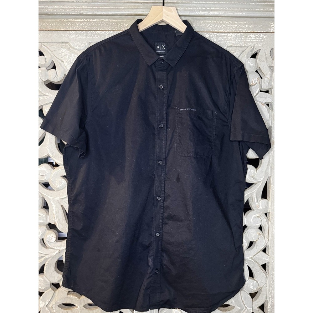 Armani Exchange A|X Mens XXL Black Button Up Shirt Short Sleeve Cotton Logo